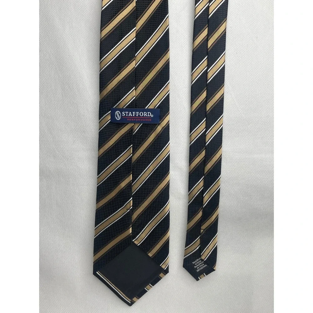Vintage Stafford Performance Collegiate Stripe Tie Black Gold 100% Silk Necktie